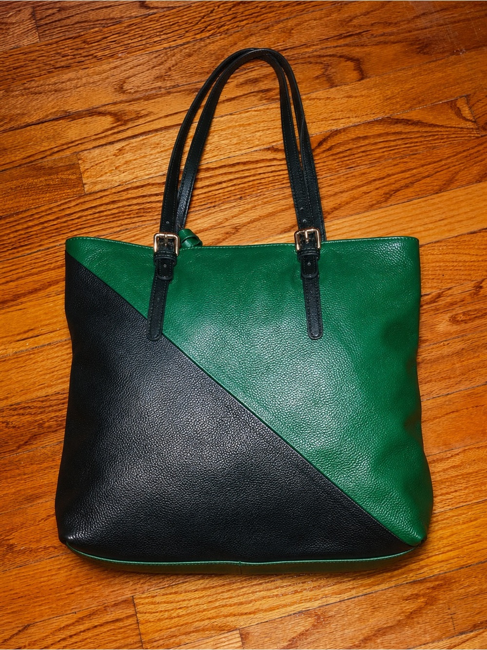 Michelle Vale Leather Green Black Colorblock Shoulder Bag Removable Zip Pouch - Picture 1 of 9